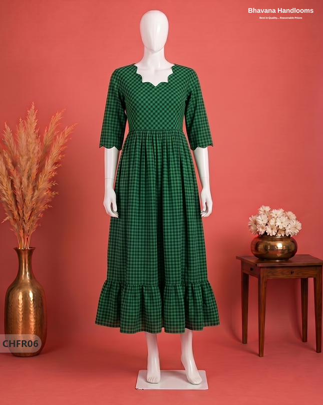 Handloom Cotton Frock in Leaf Green & Black Checks with Stylish Neck Cut Work | Soft & Comfortable