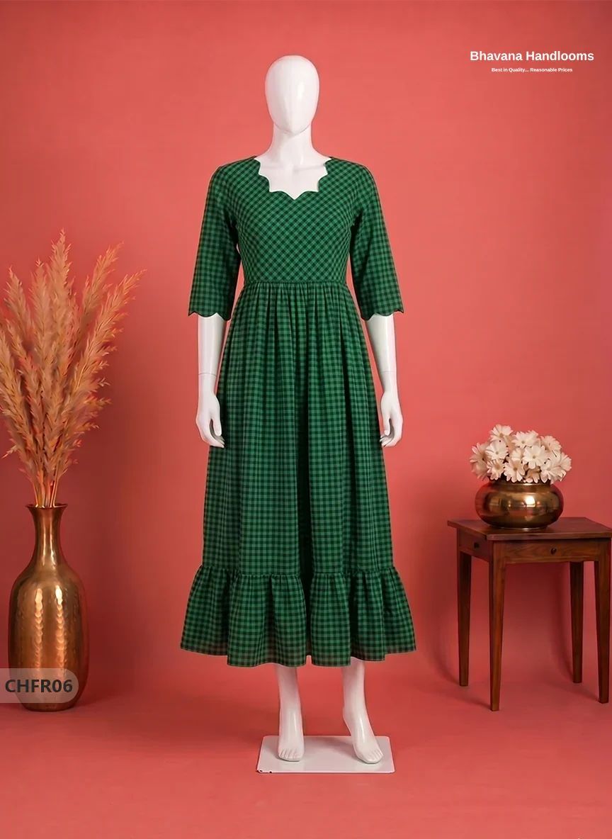 Mangalagiri Cotton Frock in Leaf Green & Black Checks with Stylish Neck Cut Work | Soft & Comfortable