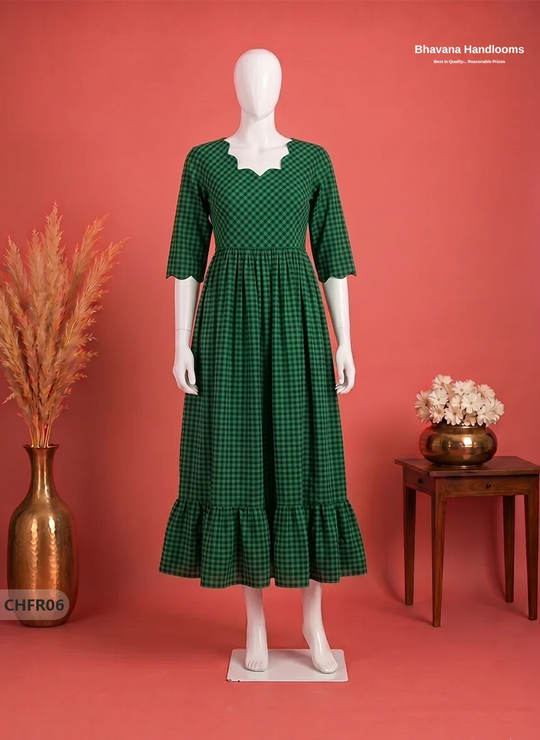 Mangalagiri Cotton Frock in Leaf Green & Black Checks with Stylish Neck Cut Work | Soft & Comfortable