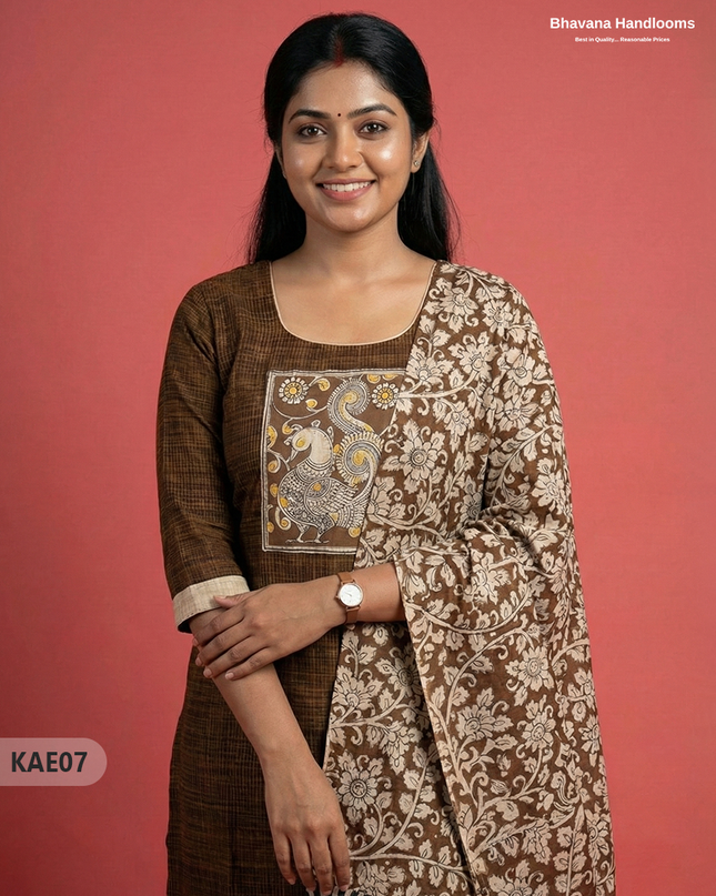 Readymade Kalamkari Cotton Kurti Set in Brown  Colour | Elegant Ethnic Wear