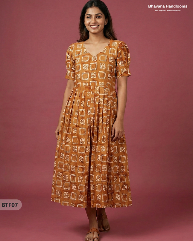 Handmade Batik Frock with Natural Dye – Potli Ball Neck Design Brown Colour