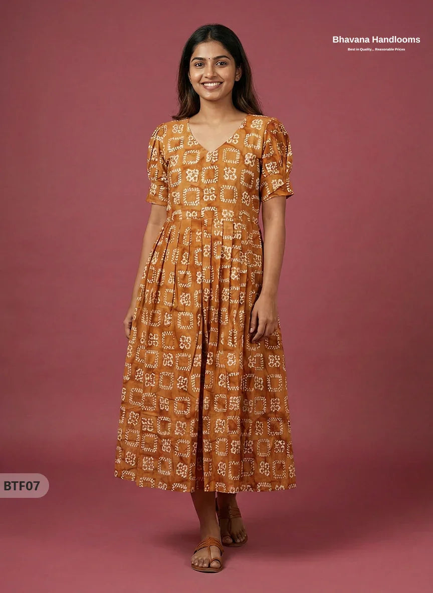 Handmade Batik Frock with Natural Dye – Potli Ball Neck Design Brown Colour