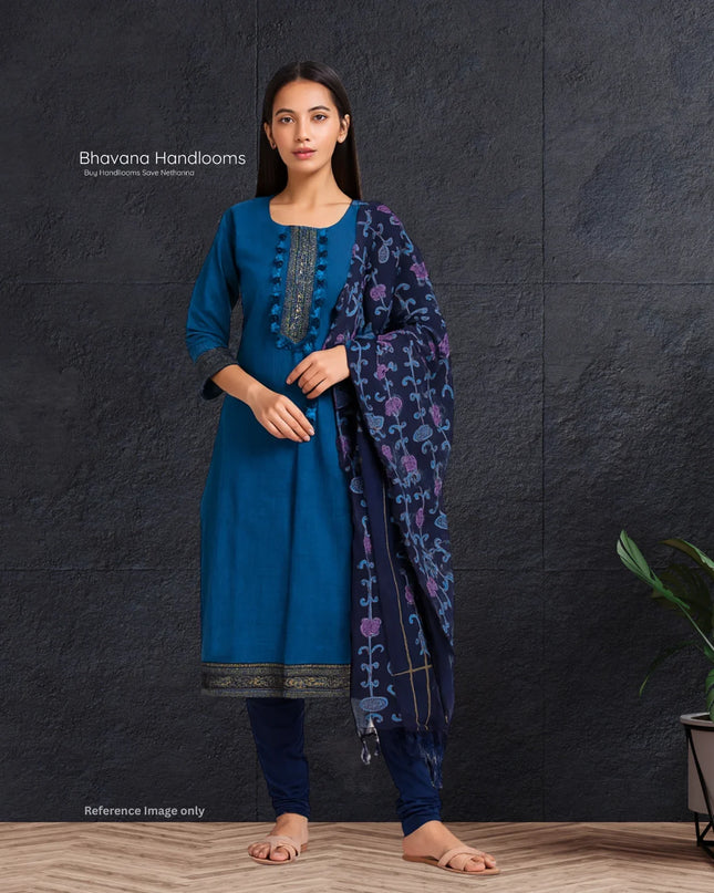 Mangalagiri Cotton Kurti Set Dark Blue – Straight Cut Style with Elbow Length Sleeves