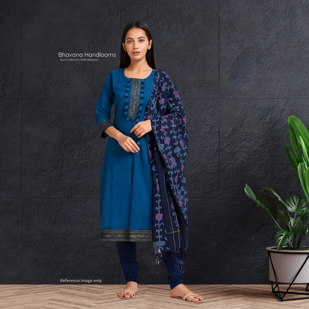 Mangalagiri Cotton Kurti Set Dark Blue – Straight Cut Style with Elbow Length Sleeves
