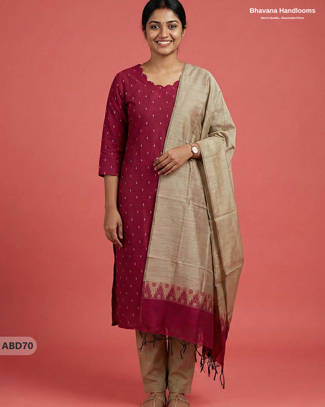 Raw Silk 3-Piece Kurti Set – Dark Pink | Full Length Lining with Elastic Bottom