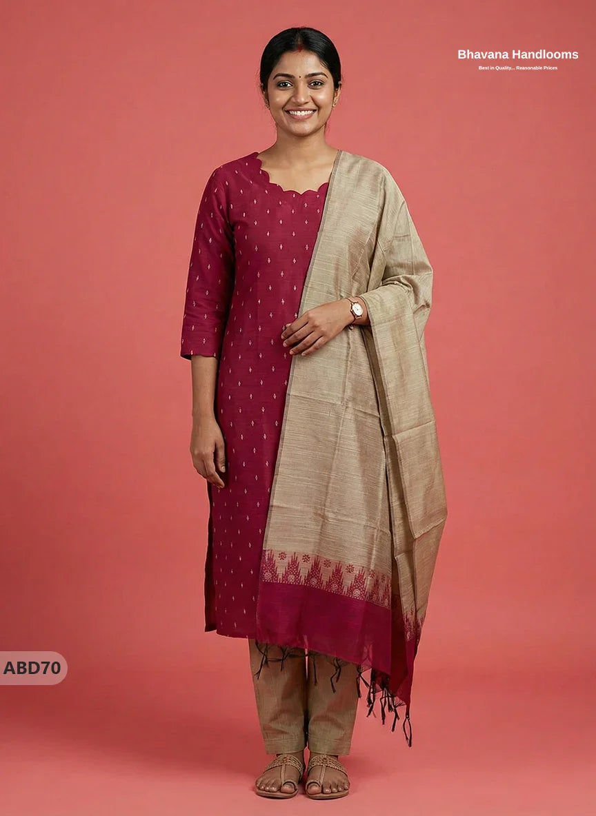 Raw Silk 3-Piece Kurti Set – Dark Pink | Full Length Lining with Elastic Bottom