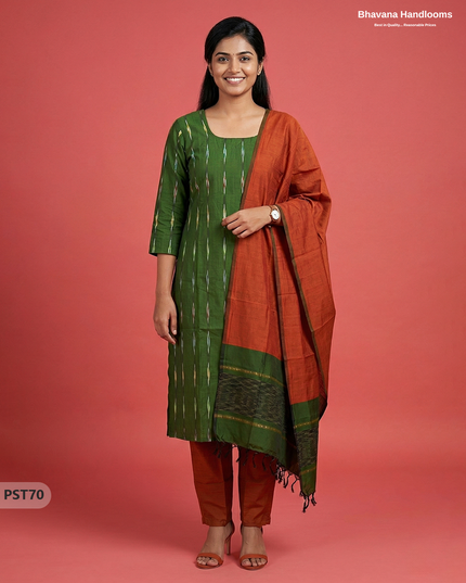Pochampally Semi Pattu 3PC Kurti Set in Green Colour | Ready-to-Wear Ethnic Wear