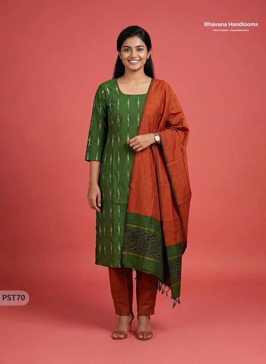 Pochampally Semi Pattu 3PC Kurti Set in Green Colour | Ready-to-Wear Ethnic Wear