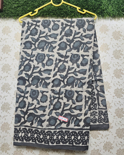 Vasundhara 120count Bathik Printed Cotton Saree with Gray colour