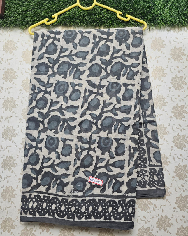 Vasundhara 120count Bathik Printed Cotton Saree with Gray colour