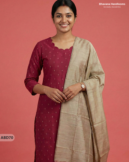 Raw Silk 3-Piece Kurti Set – Dark Pink | Full Length Lining with Elastic Bottom