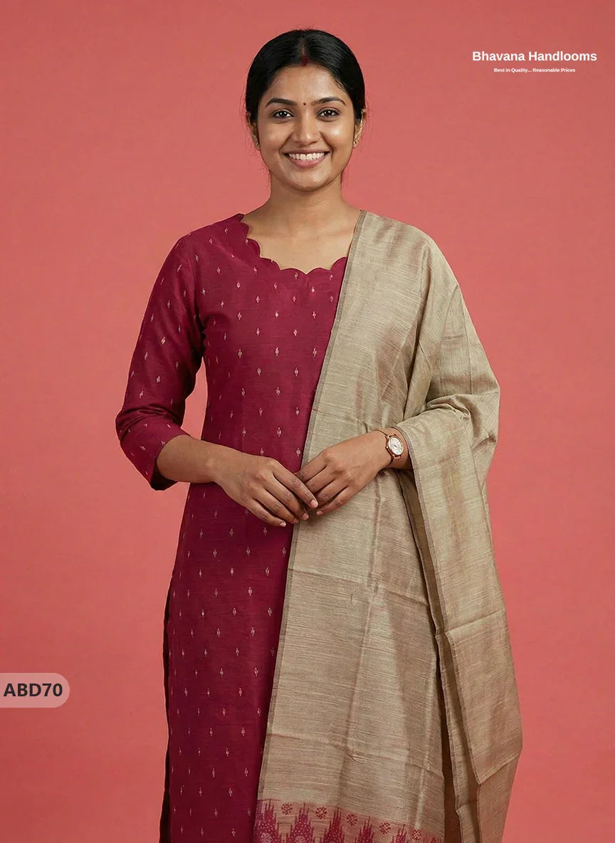Raw Silk 3-Piece Kurti Set – Dark Pink | Full Length Lining with Elastic Bottom