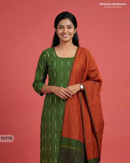 Pochampally Semi Pattu 3PC Kurti Set in Green Colour | Ready-to-Wear Ethnic Wear