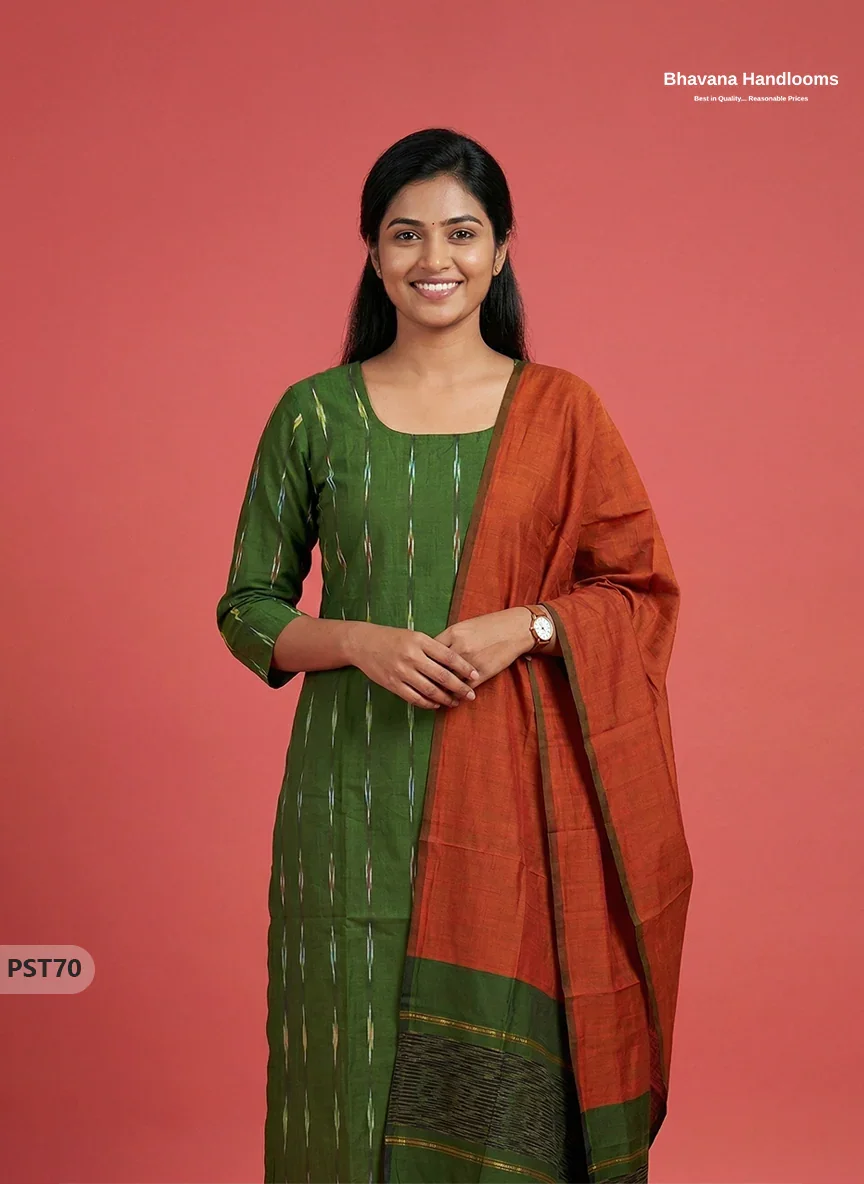 Pochampally Semi Pattu 3PC Kurti Set in Green Colour | Ready-to-Wear Ethnic Wear