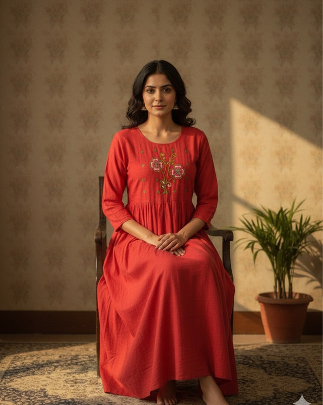 Cotton Plain Long Frock with Lava Red Colour