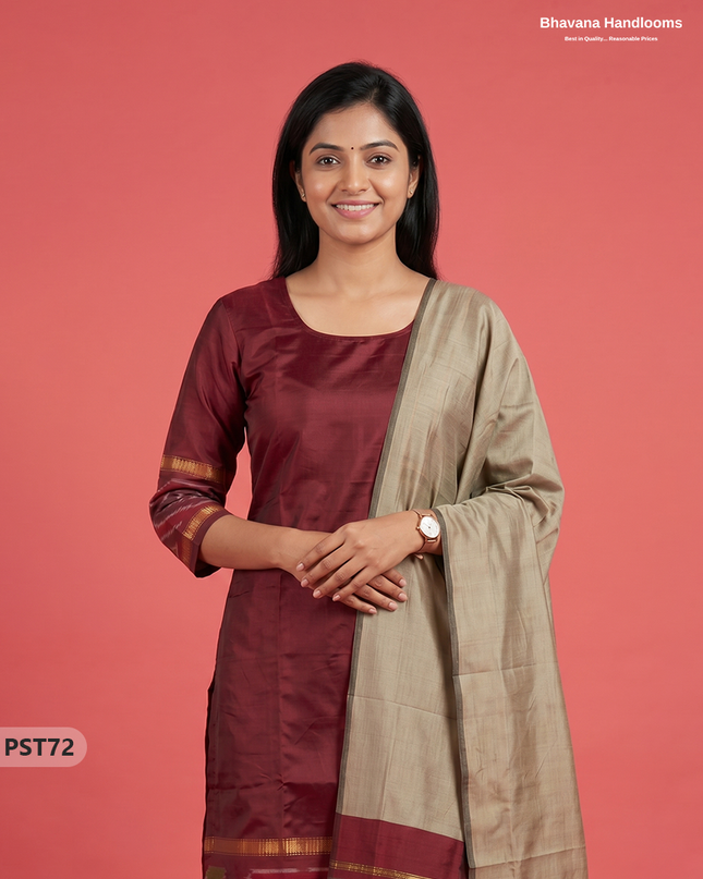 Pochampally Semi Pattu 3PC Kurti Set in Maroon Colour | Ready-to-Wear Ethnic Wear