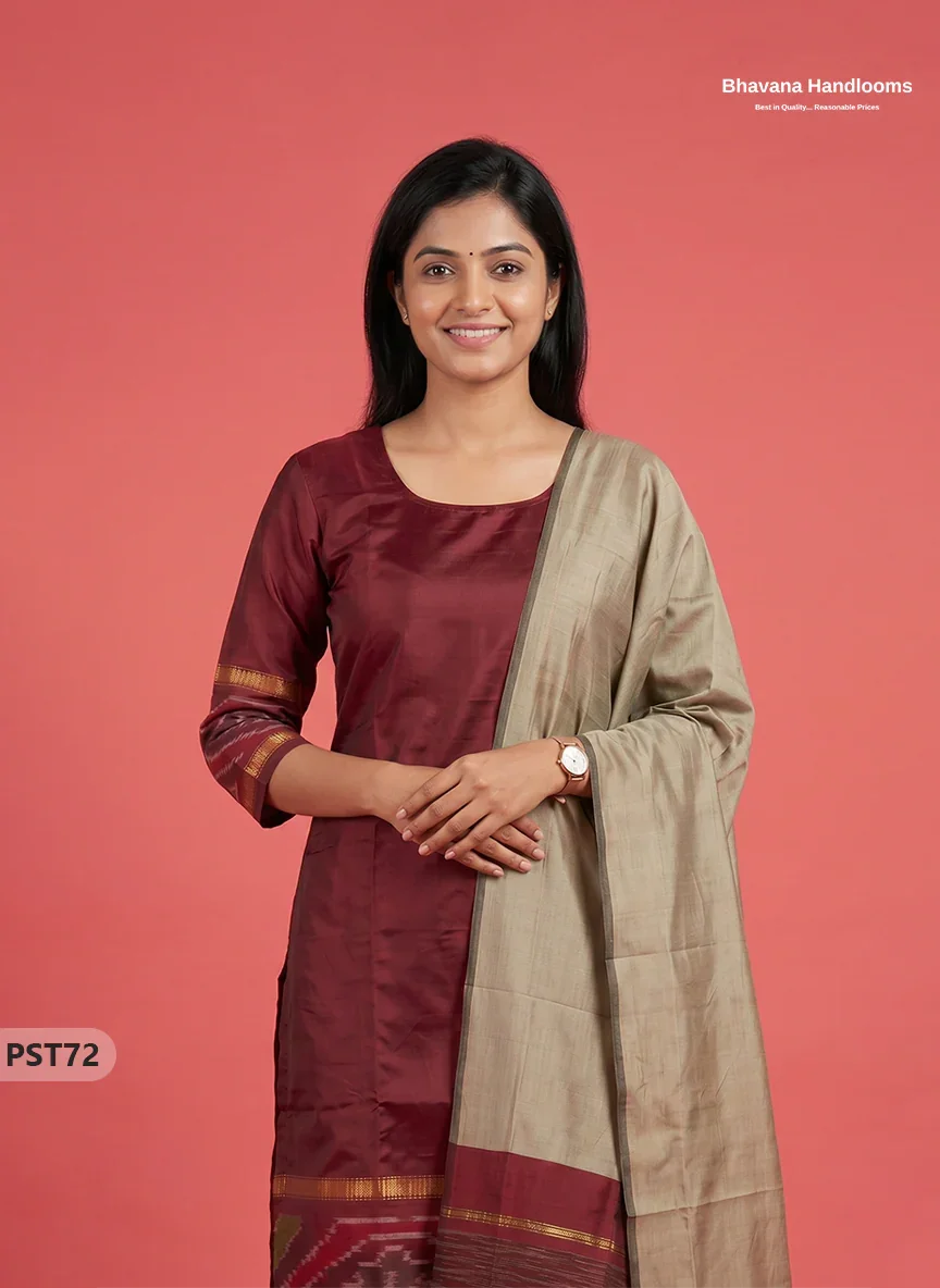Pochampally Semi Pattu 3PC Kurti Set in Maroon Colour | Ready-to-Wear Ethnic Wear