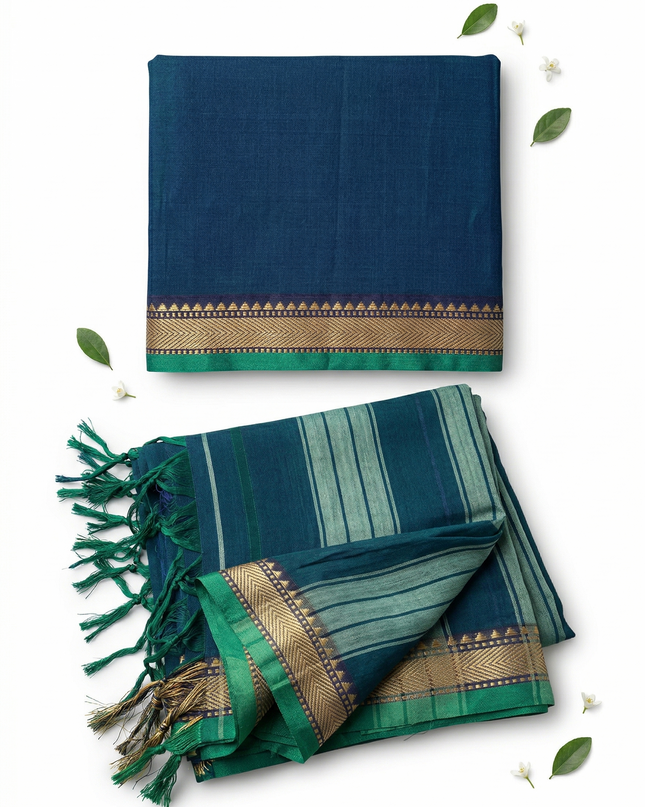 Traditional wear Narayanpet Mercerised cotton dress material with Cyan Green colour