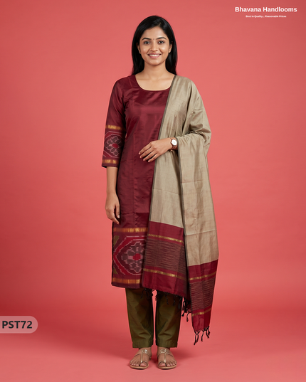 Pochampally Semi Pattu 3PC Kurti Set in Maroon Colour | Ready-to-Wear Ethnic Wear