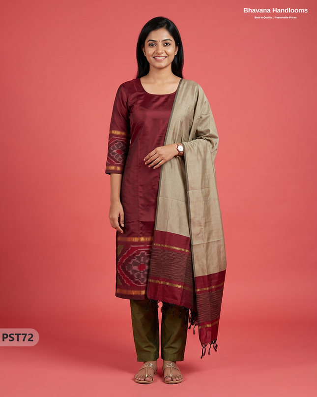 Pochampally Semi Pattu 3PC Kurti Set in Maroon Colour | Ready-to-Wear Ethnic Wear