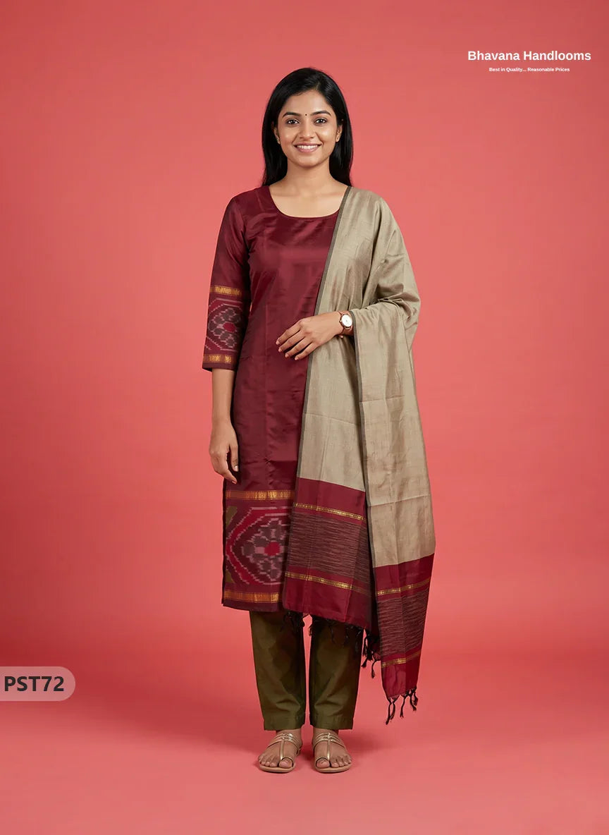 Pochampally Semi Pattu 3PC Kurti Set in Maroon Colour | Ready-to-Wear Ethnic Wear