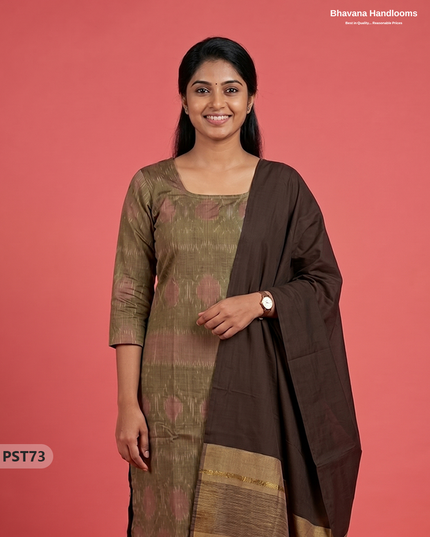 Pochampally Semi Pattu 3PC Kurti Set in Brown Colour | Ready-to-Wear Ethnic Wear