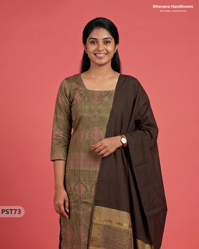 Pochampally Semi Pattu 3PC Kurti Set in Brown Colour | Ready-to-Wear Ethnic Wear