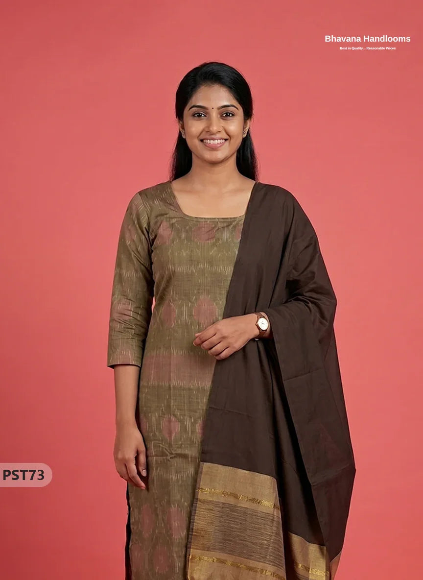 Pochampally Semi Pattu 3PC Kurti Set in Brown Colour | Ready-to-Wear Ethnic Wear