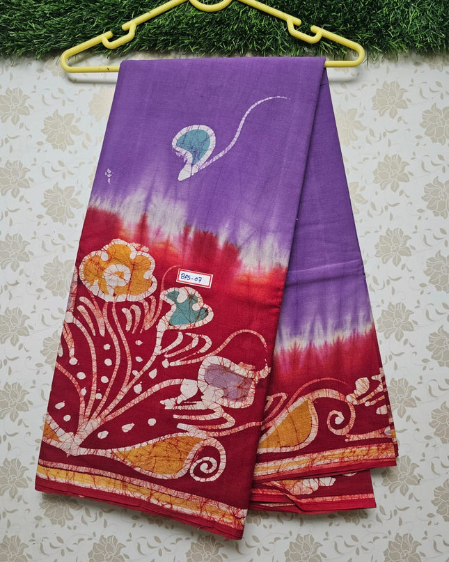 Premium Bathik Printed 120count soft cotton saree with Violet Colour