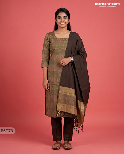 Pochampally Semi Pattu 3PC Kurti Set in Brown Colour | Ready-to-Wear Ethnic Wear