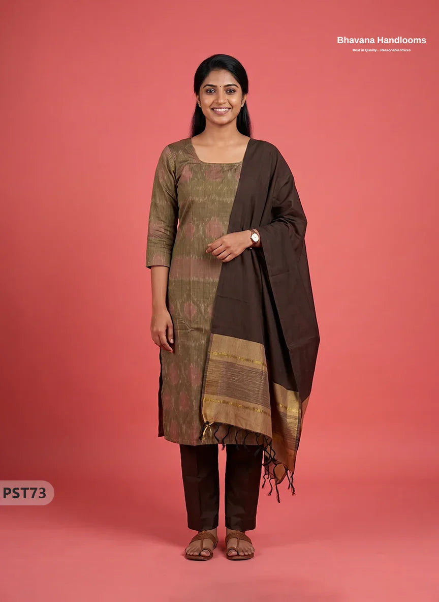 Pochampally Semi Pattu 3PC Kurti Set in Brown Colour | Ready-to-Wear Ethnic Wear