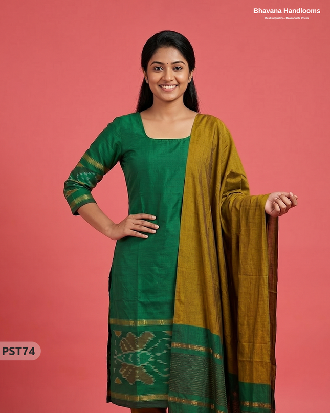 Pochampally Semi Pattu 3PC Kurti Set in Green Colour | Ready-to-Wear Ethnic Wear