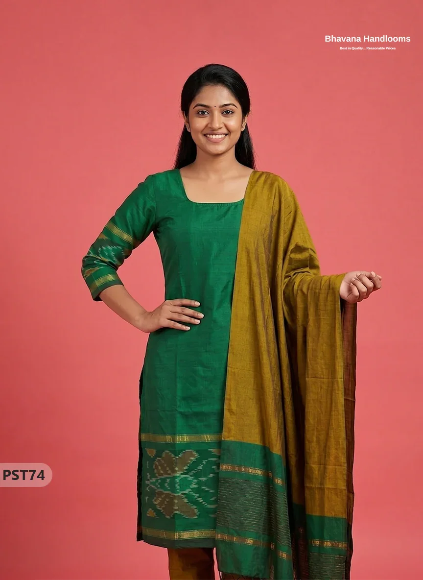 Pochampally Semi Pattu 3PC Kurti Set in Green Colour | Ready-to-Wear Ethnic Wear