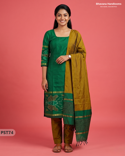 Pochampally Semi Pattu 3PC Kurti Set in Green Colour | Ready-to-Wear Ethnic Wear