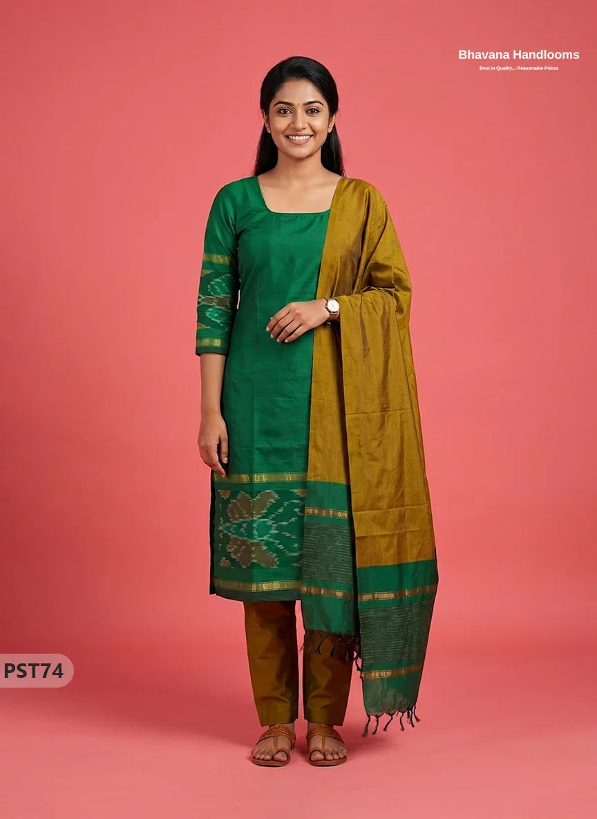 Pochampally Semi Pattu 3PC Kurti Set in Green Colour | Ready-to-Wear Ethnic Wear