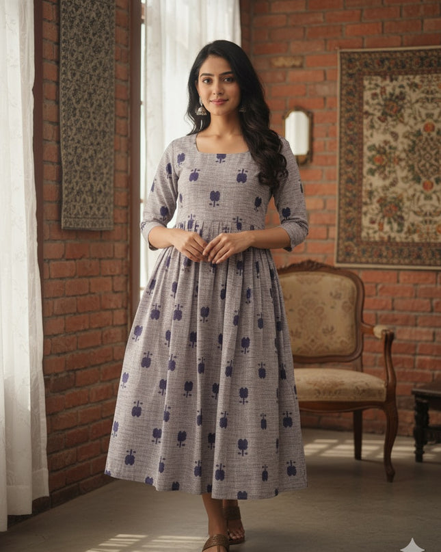 Gray Floral Printed Cotton Frock for Women – Casual Wear | Bhavana Handlooms