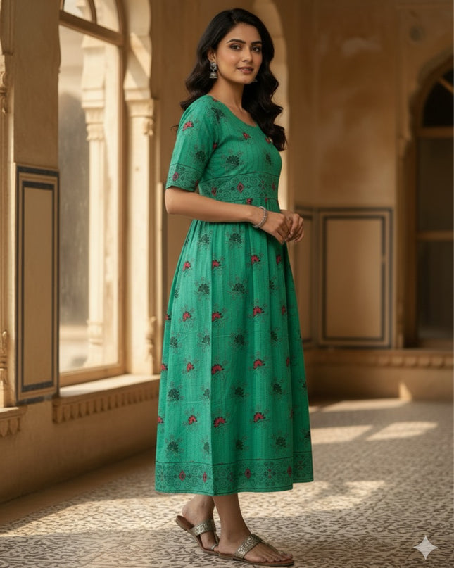 Floral Printed Cotton Frock for Women – Emrold Green Dress | Bhavana Handlooms