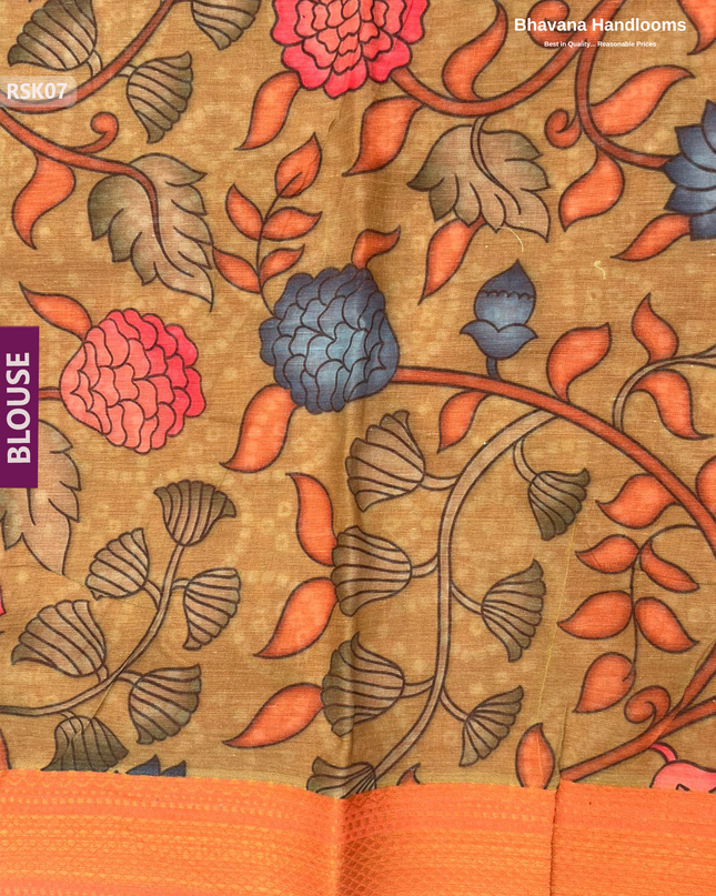 Khadi Digital Print Soft Cotton Saree in Orange with blouse | Bhavana Handlooms