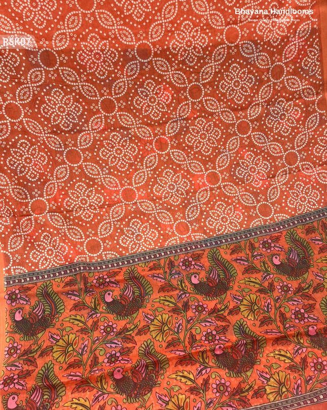 Khadi Digital Print Soft Cotton Saree in Orange with blouse | Bhavana Handlooms