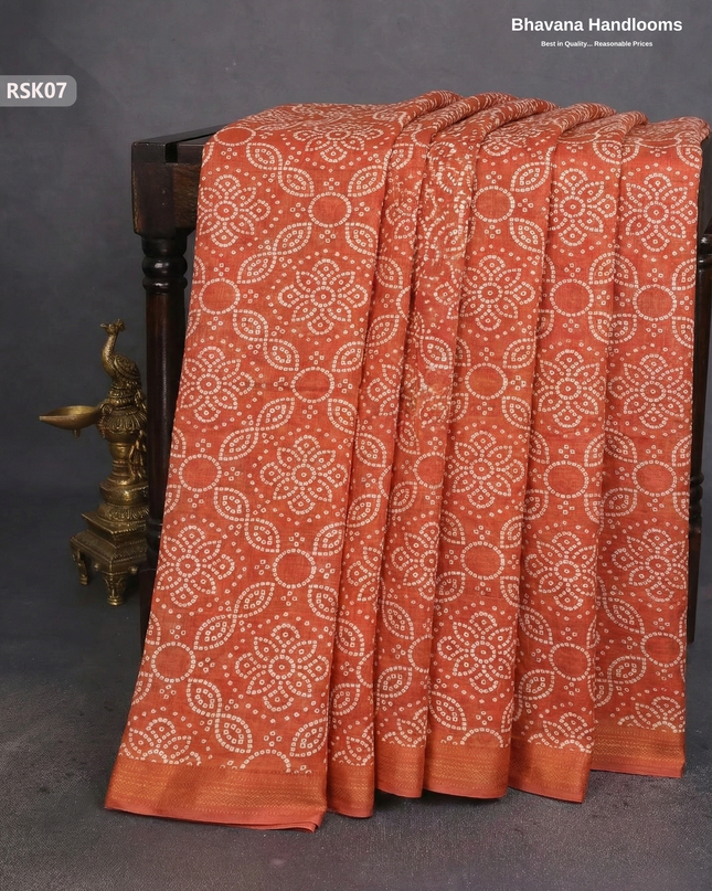 Khadi Digital Print Soft Cotton Saree in Orange with blouse | Bhavana Handlooms