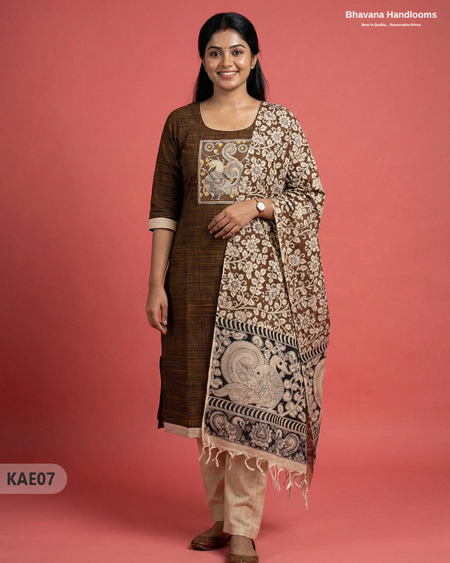 Readymade Kalamkari Cotton Kurti Set in Brown  Colour | Elegant Ethnic Wear