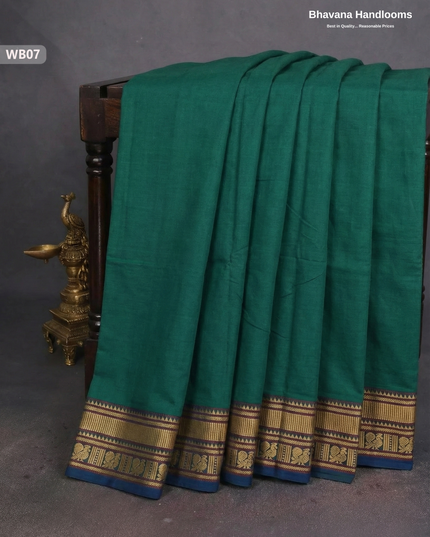 Authentic Kanchi Cotton Handloom Saree – Dark Green Colour (Without Blouse)