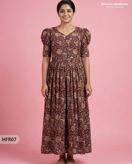 Feeding Frock with Handblock Design – Maroon Color | Invisible Zips | Half Lining Maternity Wear