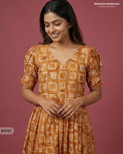 Handmade Batik Frock with Natural Dye – Potli Ball Neck Design Brown Colour