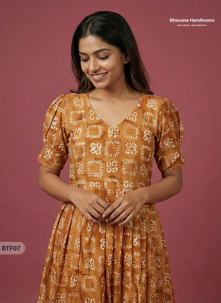 Handmade Batik Frock with Natural Dye – Potli Ball Neck Design Brown Colour