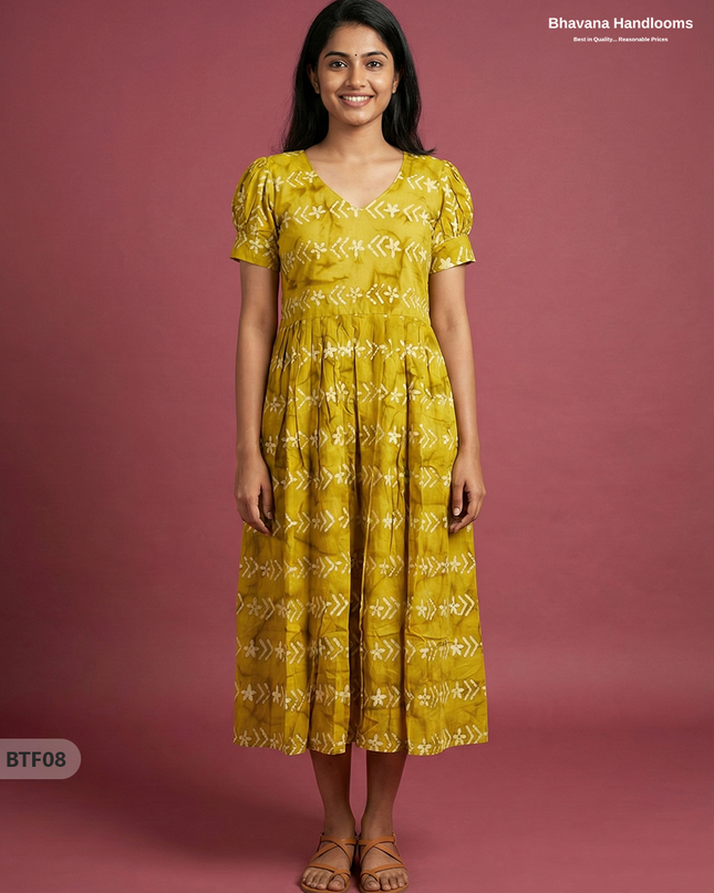 Handmade Batik Frock with Natural Dye – Potli Ball Neck Design Lemon Yellow Colour