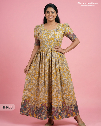 Feeding Frock with Kalamkari Design – Yellow Color | Invisible Zips | Half Lining Maternity Wear