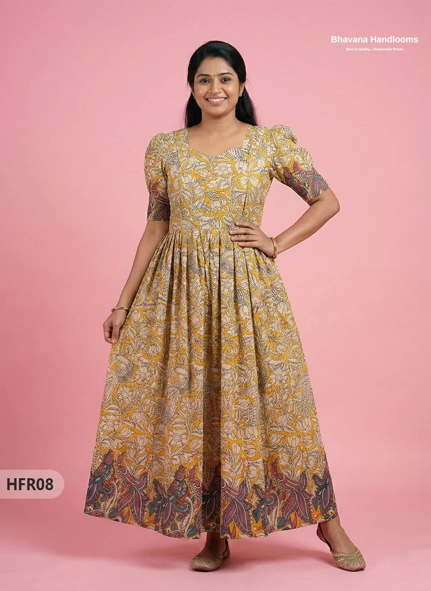 Feeding Frock with Kalamkari Design – Yellow Color | Invisible Zips | Half Lining Maternity Wear