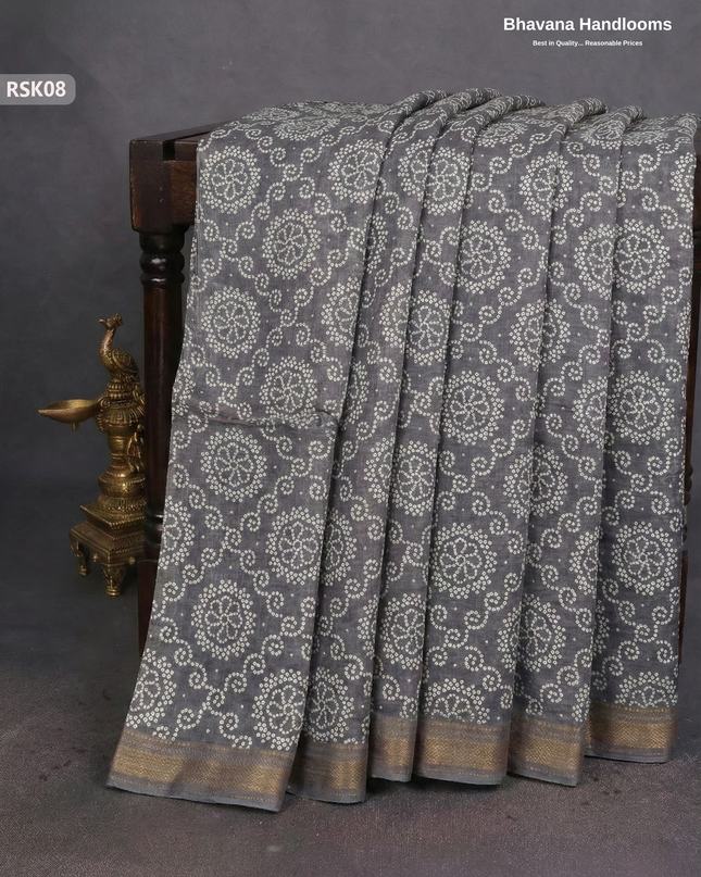 Khadi Digital Print Soft Cotton Saree in Gray with blouse | Bhavana Handlooms
