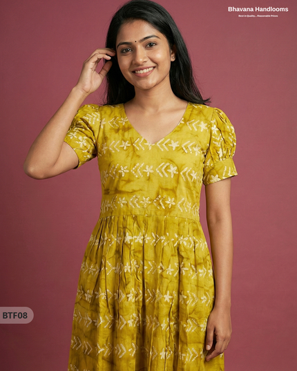 Handmade Batik Frock with Natural Dye – Potli Ball Neck Design Lemon Yellow Colour